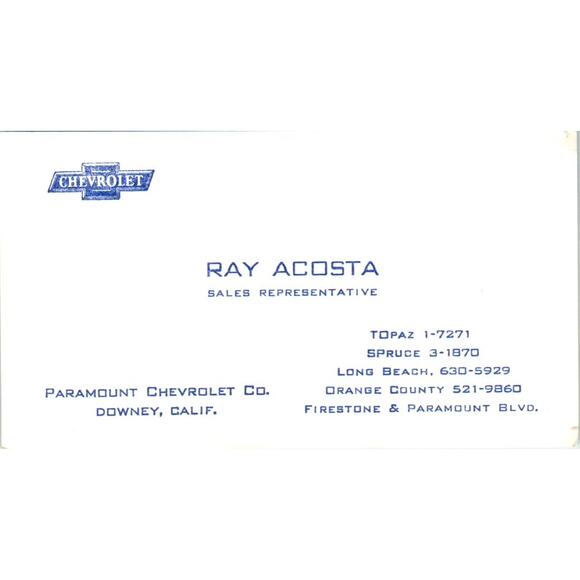 VINTAGE PARAMOUNT CHEVROLET Downey CA Dealer License Plate  Ray Acosta Paramount Chevrolet Co Downey CA Vintage Business Card SE3-B7